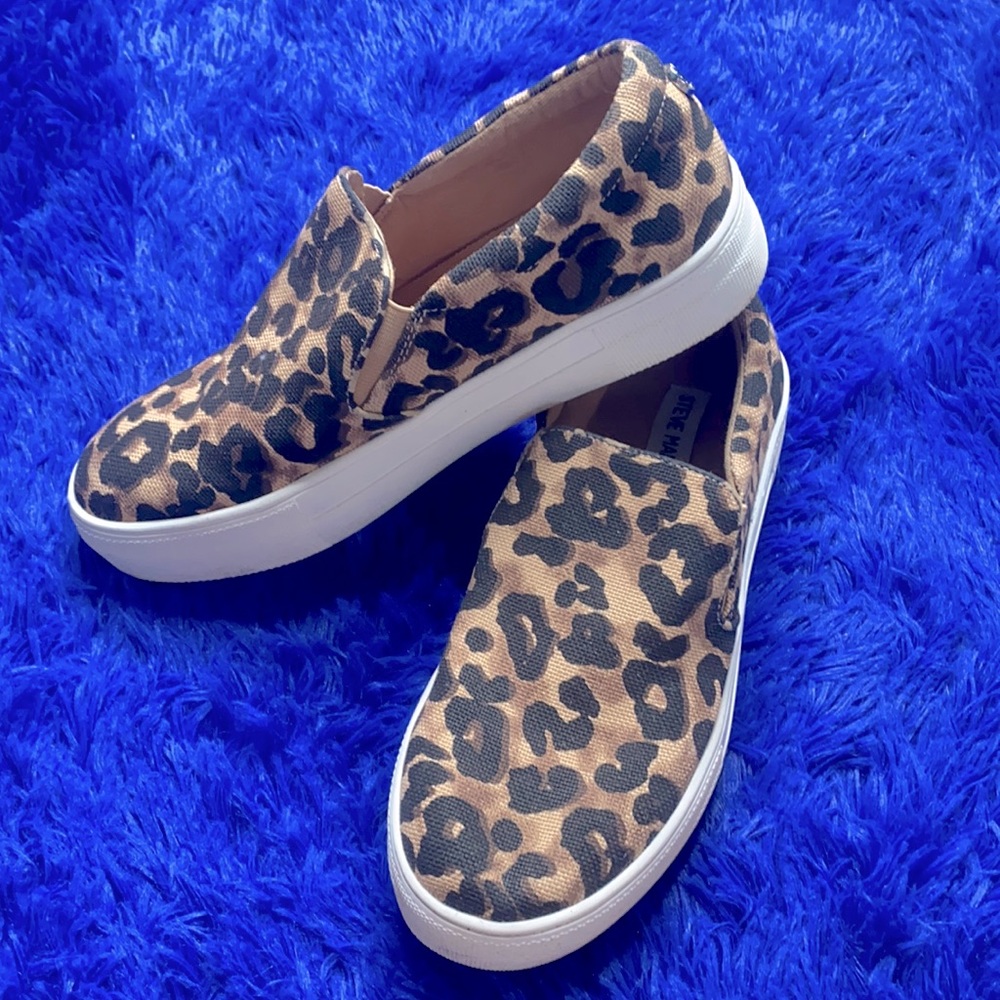 Steve Madden Black Tan Cheetah Platform Slip-On Sneakers Size 7.5